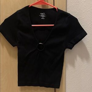 rue21 Black Ribbed V-Neck Top with Ring Detail